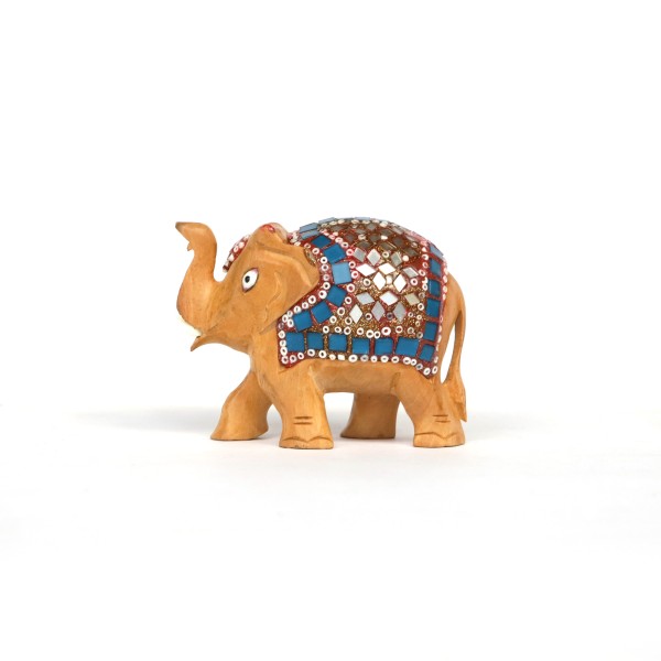 Elefant aus Holz mit Satteldecke, natur, multicolor, B 8,8 cm, H 7,5 cm, T 4 cm