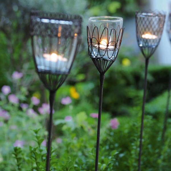 Steckeisen 'Chateauroi', mit Teelichthalter aus Draht und Glaseinsatz, schwarz, H 95 cm