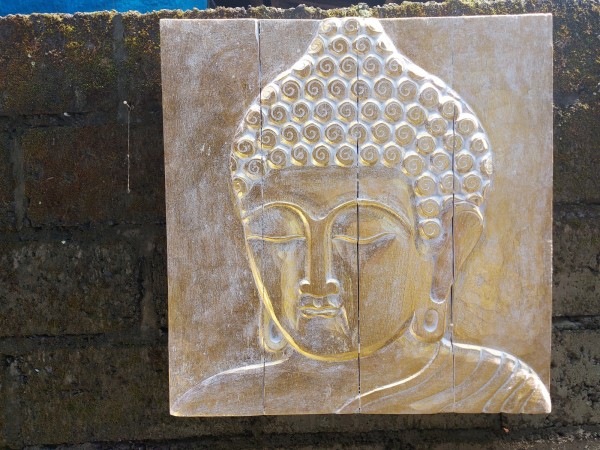 Holz-Reliefbild 'Buddhakopf', gold, weiß, B 60 cm, H 60 cm, L 6,5 cm