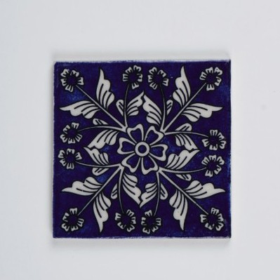 Handbemalter Keramikuntersetzer, blau, L 10 cm, B 10 cm