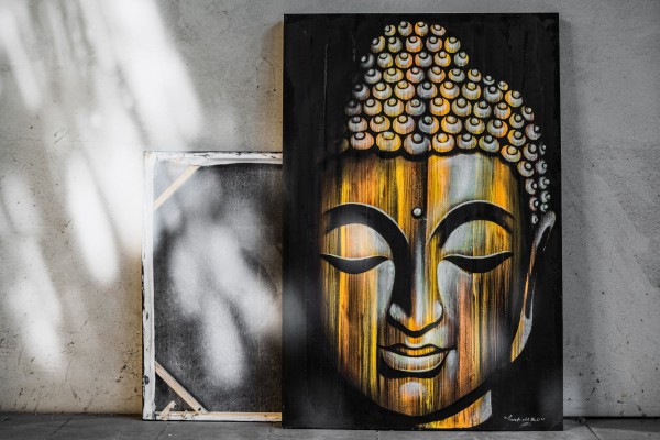 Gemälde 'Wooden Buddha' gold, H 120 cm, B 80 cm, T 4 cm