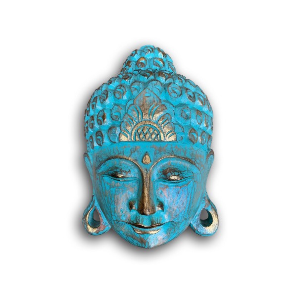 Maske 'Buddha', türkis, gold, H 26 cm, B 18 cm, L 8 cm