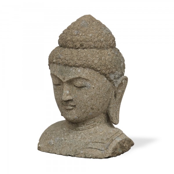 Buddhakopf, Naturstein, T 42 cm, B 30 cm, H 60 cm