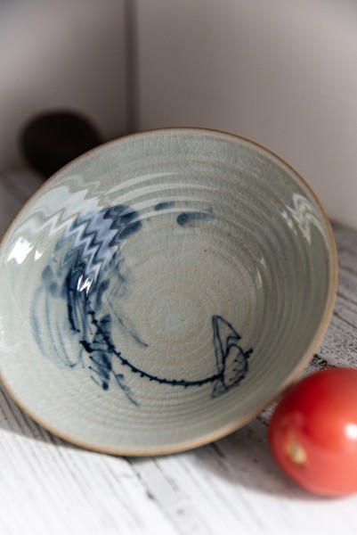 Keramikschale, weiß, blau, Ø 18 cm, H 6 cm