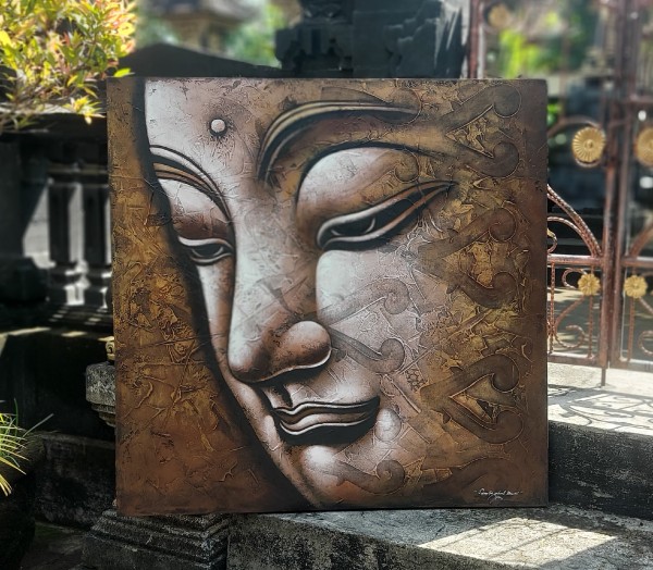 Gemälde Buddhakopf bronze, H 100 cm, B 100 cm, L 4 cm