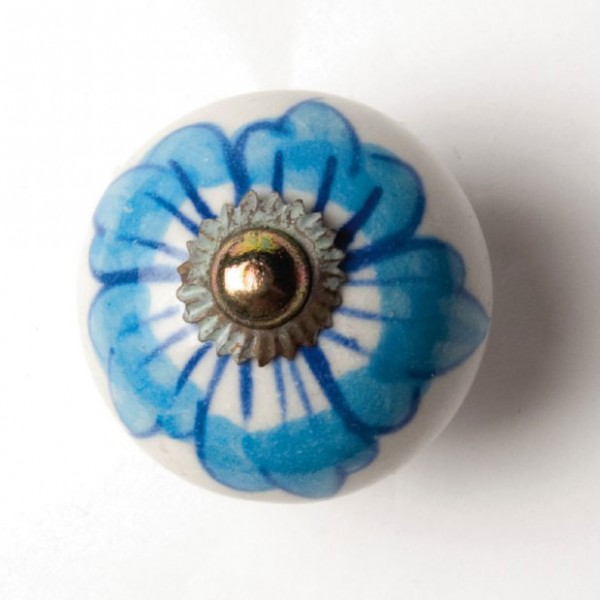 Keramik-Knauf 'Blume', blau, weiß, Ø 4 cm