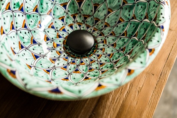Keramikwaschbecken 'Pfau', hellgrün, multicolor, B 45 cm, L 37 cm, H 17 cm