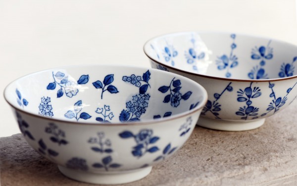 Suppenschale Blumenmuster, weiß, blau, H 6,5 cm, Ø 15,5 cm