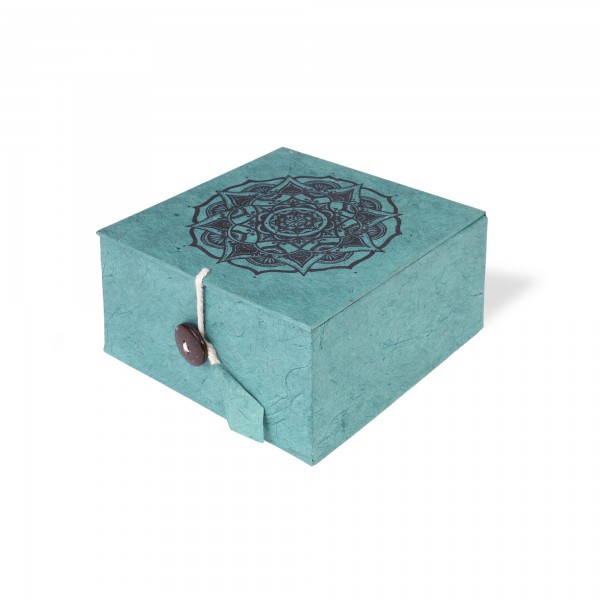 Lokta Box Mandala, blaugrün, schwarz, T 11 cm, B 11 cm, H 5,5 cm
