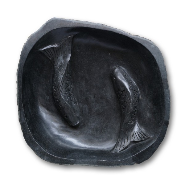 Vogeltränke 'Fische' aus Stein, grau, B 53 cm, L 36 cm, H 14 cm