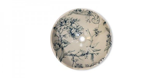 Keramik-Aufsatzwaschbecken 'Blumen & Vögel', Ø 41 cm, H 15 cm