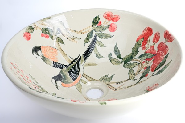 Keramik-Aufsatzwaschbecken 'Rosen & Vögel', Ø 41 cm, H 15 cm
