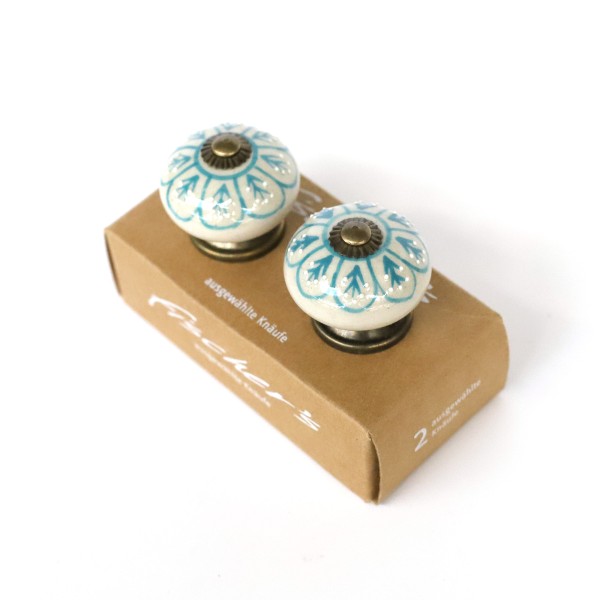 Keramik-Knauf-Duo 'Blume', weiß, blau, Ø 4 cm