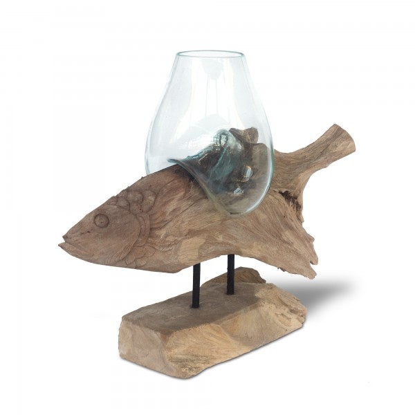 Glasvase aus Wurzelholz 'Fisch', auf Sockel, B 42 - 59 cm, H 30 - 45 cm, T 20 cm