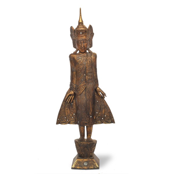 Skulptur 'Buddha stehend' Thai Style, vintage gold, H 120 cm, B 48 cm, L 18 cm
