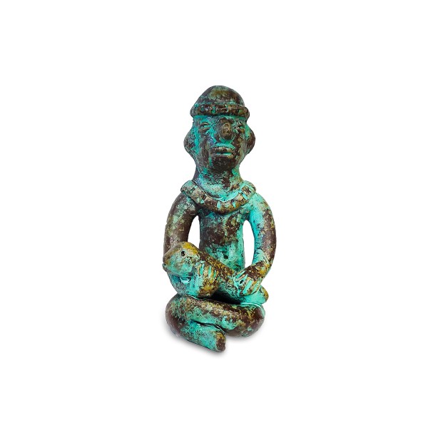 Maya-Figur 'Xpiayoc' aus Terrakotta, grün, braun, H 20 cm, B 10 cm, L 9 cm