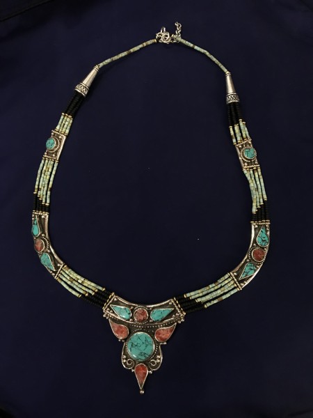 Tibetanisches Collier Onyx/Türkis/Koralle, Türkis/Onyx, L 44 cm