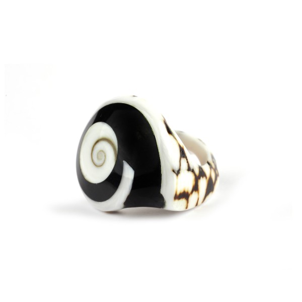 Ring aus Tigermuschel braun-weiß, T 3 cm, B 3 cm, H 4 cm