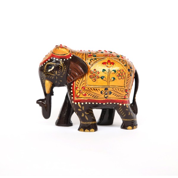 Elefant mit Satteldecke, Holz, gelb-rot, H 11 cm, B 12 cm, T 6 cm
