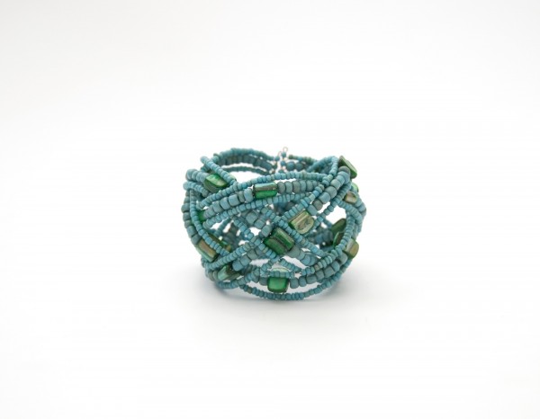 Edelstahl-Armreif mit Glasperlen und Steinen, türkis, grün, Ø 8,5 cm, B 5 cm